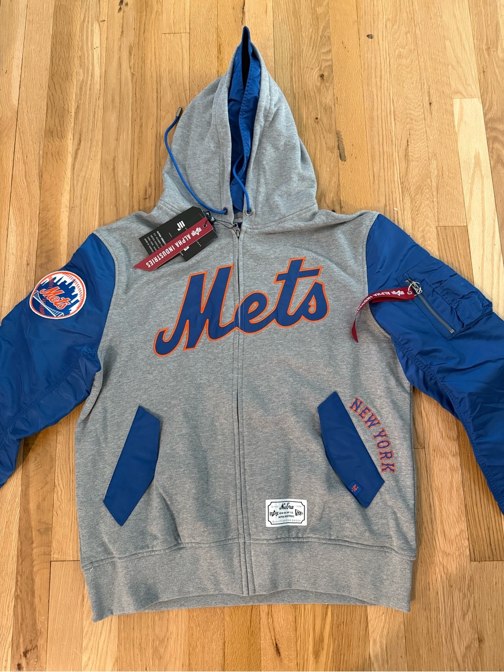 NEW NY Mets x Alpha Industries Men's Grey, Blue & Orange Hooded Jacket XL
